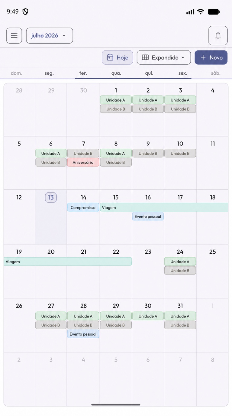 Tela real do calendário expandido do Plantão Top